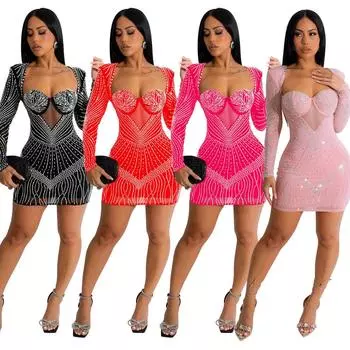 Модное женское элегантное платье с длинными рукавами и стразами и v-образным вырезом, свадебное мини-короткое платье для подружек невесты, вечерние платья S красный