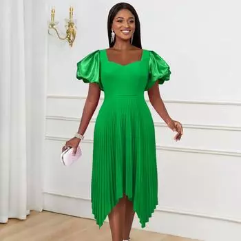 Модное женское элегантное платье с короткими рукавами и пышными рукавами, плиссированное платье невесты, подружки невесты, свадебное длинное платье миди, вечерние платья L зелёный