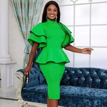 Модное женское элегантное платье с круглым вырезом и короткими рукавами, рюшами, подружками невесты, свадебное длинное платье миди, вечерние платья S зелёный