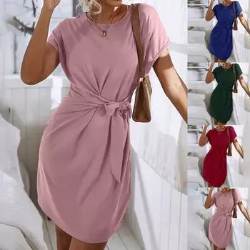 Модное женское элегантное платье с круглым вырезом и длинными рукавами на шнуровке M синий