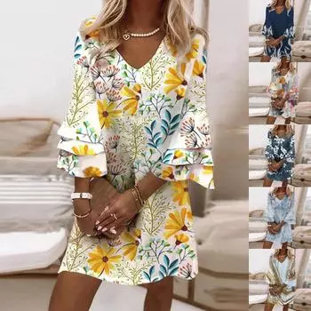 Модное женское элегантное платье с расклешенными рукавами и цветочным принтом, повседневные вечерние платья с v-образным вырезом, милое платье для девочек S