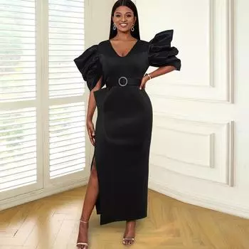 Модное женское элегантное платье с v-образным вырезом и складками с разрезом и короткими рукавами, свадебное длинное платье миди для подружек невесты, вечерние платья S чёрный