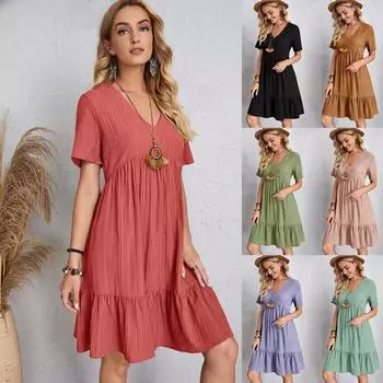 Модное женское элегантное платье-туника с v-образным вырезом, летние повседневные вечерние платья, милое платье с короткими рукавами для девочек S чёрный