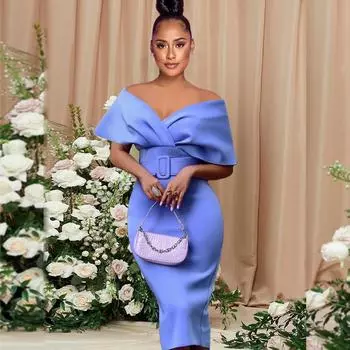 Модное женское элегантное плиссированное платье с открытыми плечами и короткими рукавами, подружки невесты, свадебное длинное платье миди, вечерние платья S синий