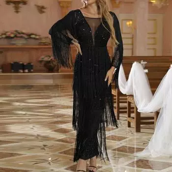Модное женское элегантное сексуальное длинное платье с блестками и кисточками с длинным рукавом и v-образным вырезом, однотонное длинное платье-юбка L чёрный