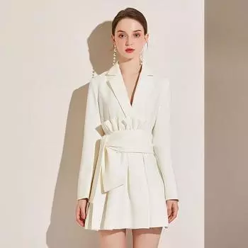 Модное женское бандажное платье с длинным рукавом с надрезами и поясом, тонкий дизайн, высококлассное темпераментное офисное женское платье XS белый