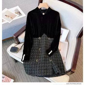 Модное женское бархатное платье больших размеров во французском стиле на зиму 4XL чёрный