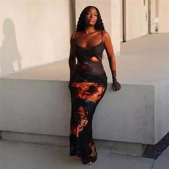 Модное женское длинное платье с принтом, открытая спина, вечернее сексуальное облегающее платье-сарафан 2023 года, без рукавов, набедренная повязка, макси-платье Vestidos 26250 S чёрный