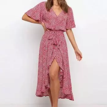 Модное женское длинное платье с v-образным вырезом и коротким рукавом с цветочным принтом и оборками с открытой вилкой и подолом L красный