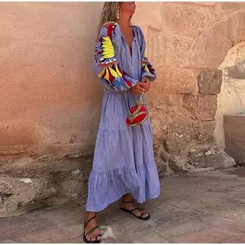 Модное женское длинное платье с V-образным вырезом и рукавами-фонариками, повседневное плиссированное праздничное свободное платье с принтом S синий