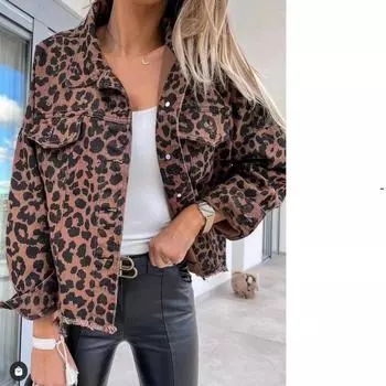 Модное женское джинсовое пальто с леопардовым принтом на весну и осень XL