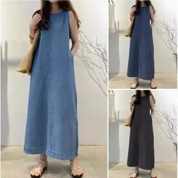 Модное женское джинсовое платье без рукавов, свободное по талии, с круглым вырезом и карманами, летнее повседневное платье-жилет для поездок на работу L чёрный