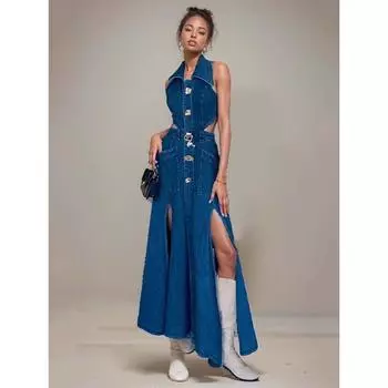 Модное женское джинсовое платье с металлической пряжкой на талии 2024 года, весенние платья без рукавов с разрезом и лацканами для женщин S синий
