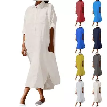 Модное женское хлопково-льняное однотонное платье с карманами и длинными рукавами L бежевый