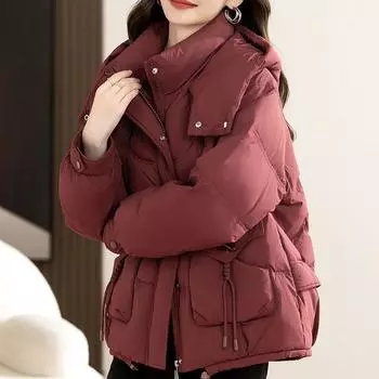 Модное женское хлопковое пальто с капюшоном для зимы, свободного кроя и утепления M хаки