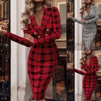 Модное женское клетчатое платье с принтом, элегантное двубортное тонкое платье с v-образным вырезом и длинными рукавами, юбка-миди L чёрный