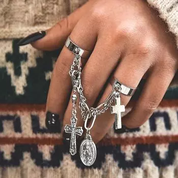 Модное женское кольцо, индивидуальная цепочка, цельное кольцо с двумя пальцами, креативное открытое кольцо с перекрестным ключом Ins