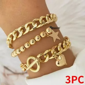 Модное женское кольцо с пряжкой, элегантный индивидуальный многослойный браслет с пряжкой и замком, простой браслет с подвеской в виде любви, набор браслетов золотой