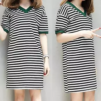 Модное женское короткое платье с коротким рукавом в полоску и v-образным вырезом L чёрный