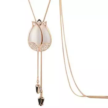 Модное женское Красота Тюльпан Цветок Кулон Кристалл Стразы Длинное Ожерелье белый