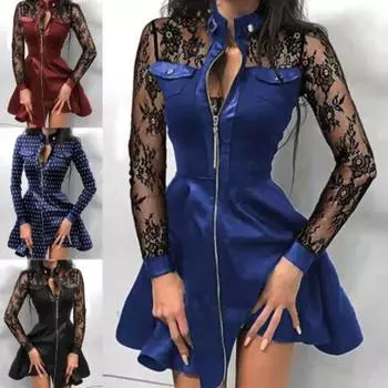 Модное женское кружевное мини-платье с длинным рукавом на молнии и большим подолом из искусственной кожи S