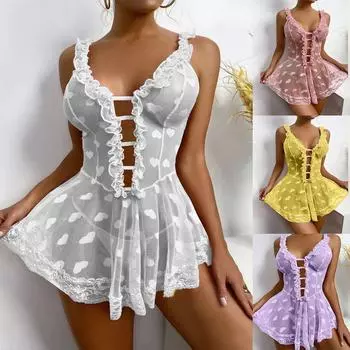 Модное женское кружевное нижнее белье без рукавов, цельное ночное платье, пижамы по всей длине, с оборками в форме сердца, прозрачная Babydoll S