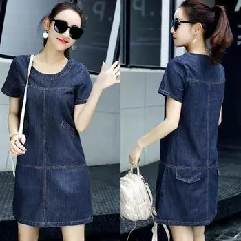 Модное женское летнее джинсовое свободное платье длиной до колен с коротким рукавом XXXXXL синий