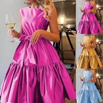 Модное женское летнее однотонное бандажное платье без рукавов с круглым вырезом и молнией M горячий розовый