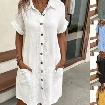 Модное женское летнее платье повседневное платье с коротким рукавом и V-образным вырезом на пуговицах S белый