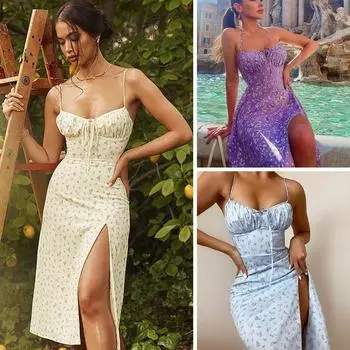 Модное женское летнее платье с цветочным принтом Cottagecore Slpit Dress Женское элегантное клубное вечернее платье феи без рукавов с открытой спиной Одежда S бежевый