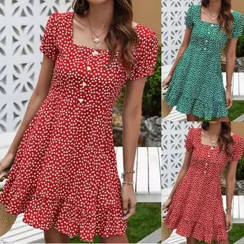 Модное женское летнее платье с цветочным принтом и коротким рукавом, длинное платье на пуговицах XL зелёный