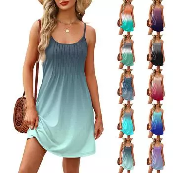 Модное женское летнее платье с градиентом, регулируемые бретельки-спагетти, повседневное платье для пляжного отдыха с карманами M винный