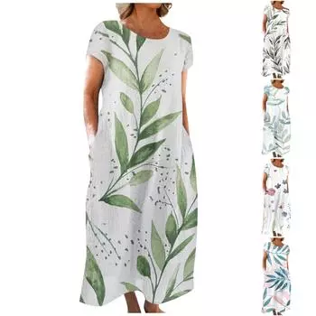 Модное женское летнее платье с круглым вырезом и повседневным модным пуловером с принтом и коротким рукавом L синий