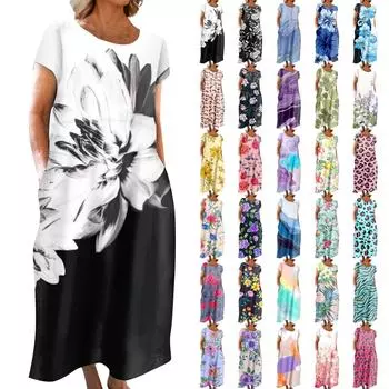 Модное женское летнее платье с круглым вырезом и повседневным модным пуловером с принтом и коротким рукавом L бежевый