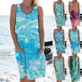 Модное женское летнее платье с круглым вырезом и повседневным модным пуловером без рукавов с принтом XXL синий