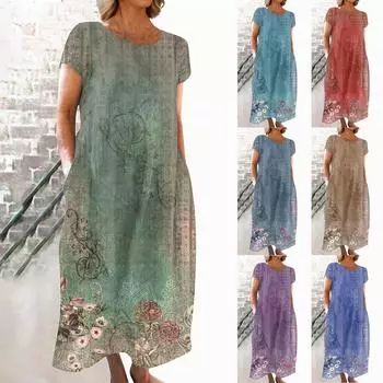 Модное женское летнее платье с круглым вырезом и повседневным модным пуловером с принтом и коротким рукавом L синий