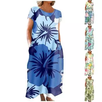 Модное женское летнее платье с круглым вырезом и повседневным модным пуловером с принтом и коротким рукавом L синий