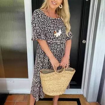 Модное женское летнее платье с круглым вырезом и короткими рукавами S чёрный