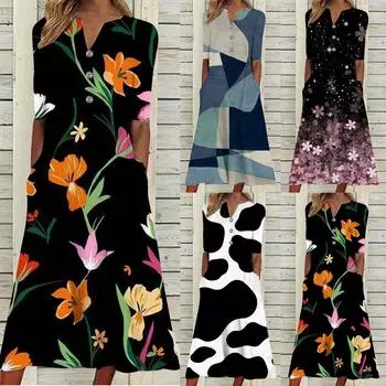 Модное женское летнее платье с принтом и v-образным вырезом на пуговицах с коротким рукавом и карманами для отпуска XL светло-синий