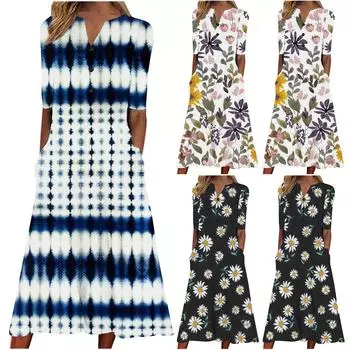 Модное женское летнее платье с принтом и v-образным вырезом на пуговицах с коротким рукавом и карманами для отпуска L чёрный