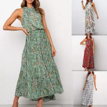 Модное женское летнее платье с принтом, длинное платье без рукавов с цветочным принтом XL зелёный