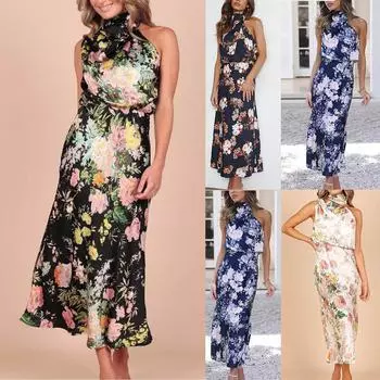 Модное женское летнее платье с принтом без рукавов и подвесным воротником M чёрный