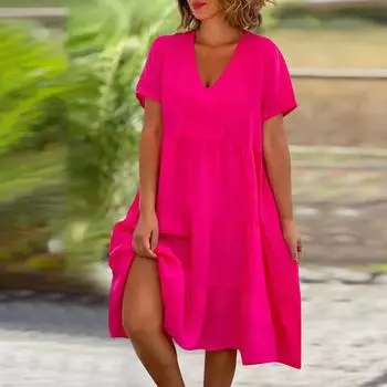 Модное женское летнее платье с V-образным вырезом, повседневное модное однотонное пуловерное платье L