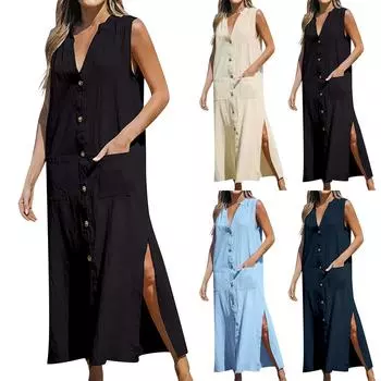 Модное женское летнее платье с V-образным вырезом, повседневное модное однотонное платье без рукавов M чёрный