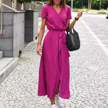 Модное женское летнее платье с V-образным вырезом, повседневное модное пуловерное платье с принтом M