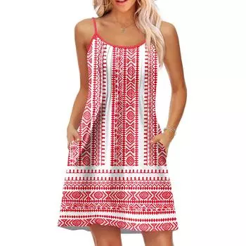 Модное женское летнее платье с винтажным цветочным принтом, регулируемые бретельки для пляжного отдыха, повседневное платье с карманами M красный
