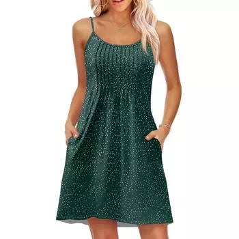 Модное женское летнее платье с винтажным цветочным принтом, регулируемые бретельки для пляжного отдыха, повседневное платье с карманами XL зелёный