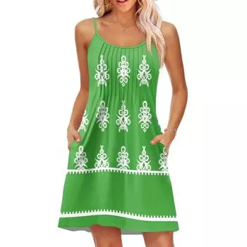 Модное женское летнее платье с винтажным цветочным принтом, регулируемые бретельки для пляжного отдыха, повседневное платье с карманами XL зелёный