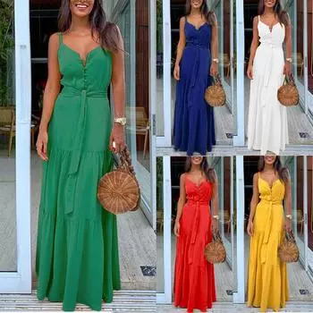 Модное женское летнее платье в стиле бохо без рукавов с v-образным вырезом и бандажным платьем 2XL синий