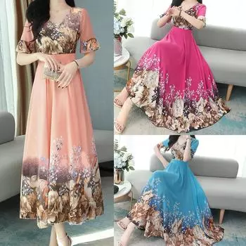 Модное женское летнее платье в стиле ретро с принтом, элегантное повседневное платье с коротким рукавом и v-образным вырезом